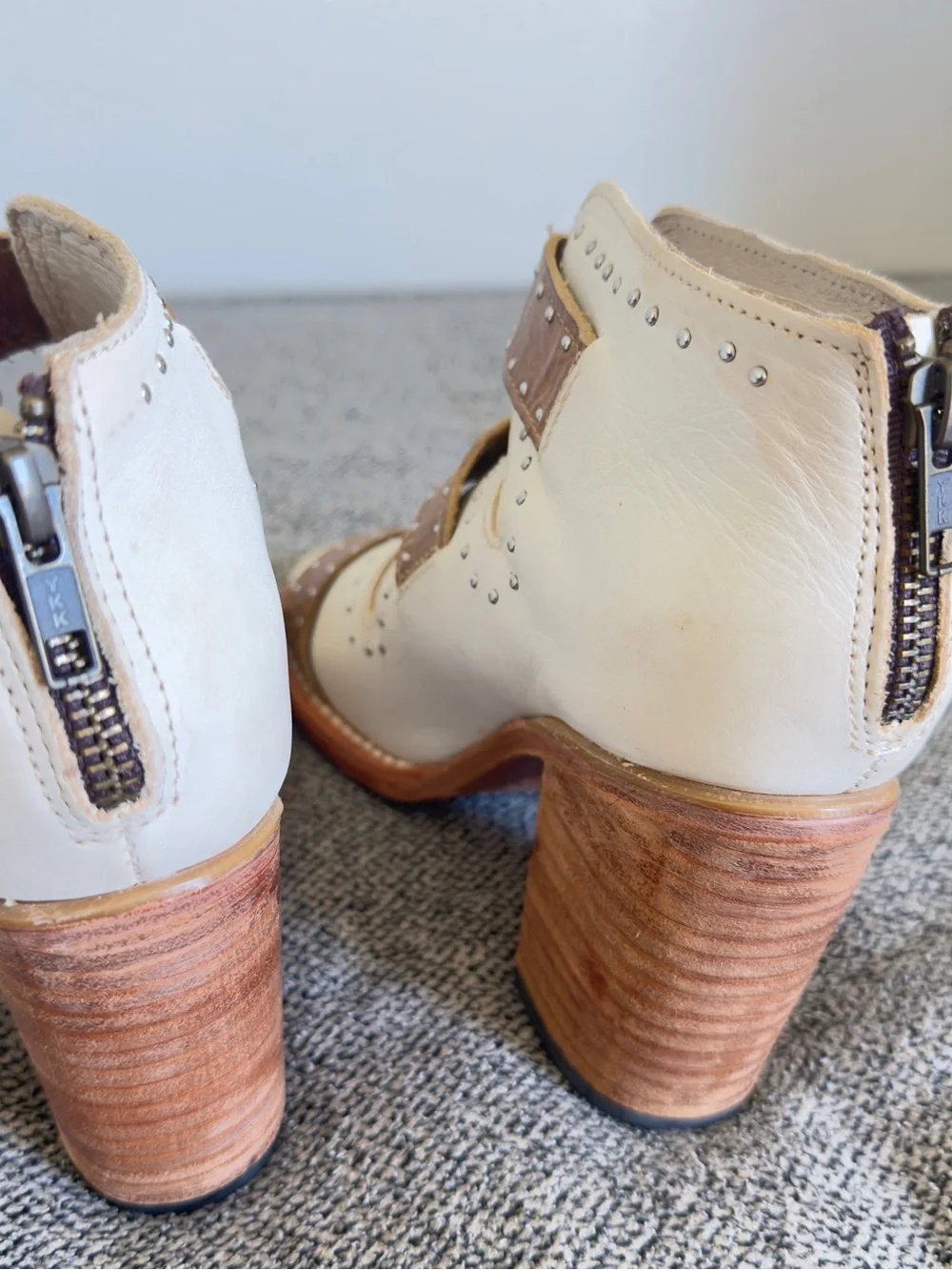 Freebird by Steven White and Tan Buckle Block Heel Sandals